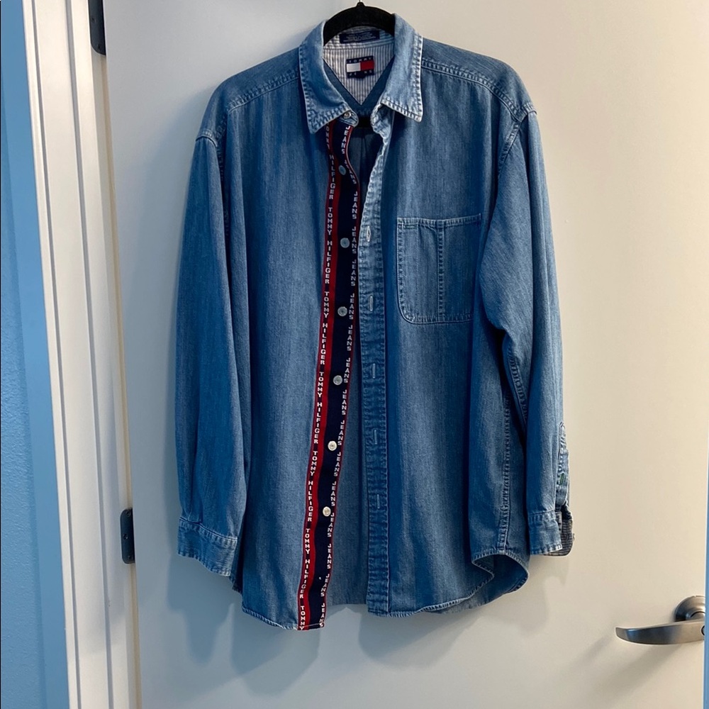 Tommy Hilfiger Blue Denim Shirt with Red Trim Vintage